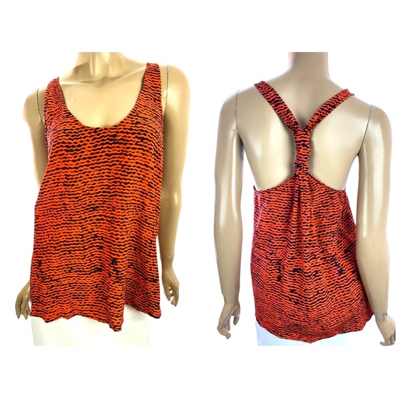 Joie Sleeveless Top Blouse Size S Scoop Neck Orange & Black 100% Silk Racerback - Picture 1 of 6